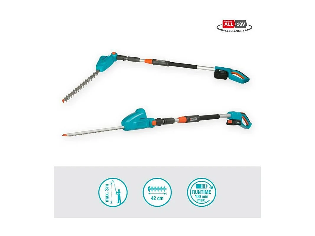 Aparador de sebes telescópico sem fio GARDENA 18V - Lâmina de 42 cm, corte de 16 mm, alcance de 3 m, bateria Li-ion incluída