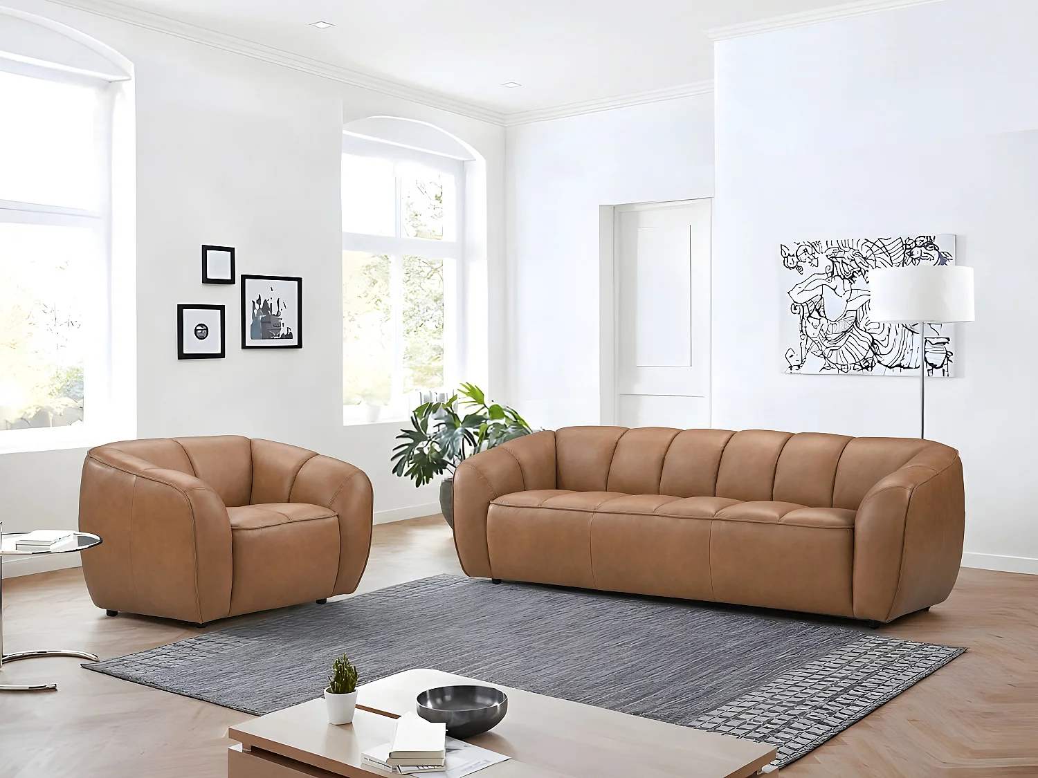 Canapé 3 places et un fauteuil en cuir camel PRADONI