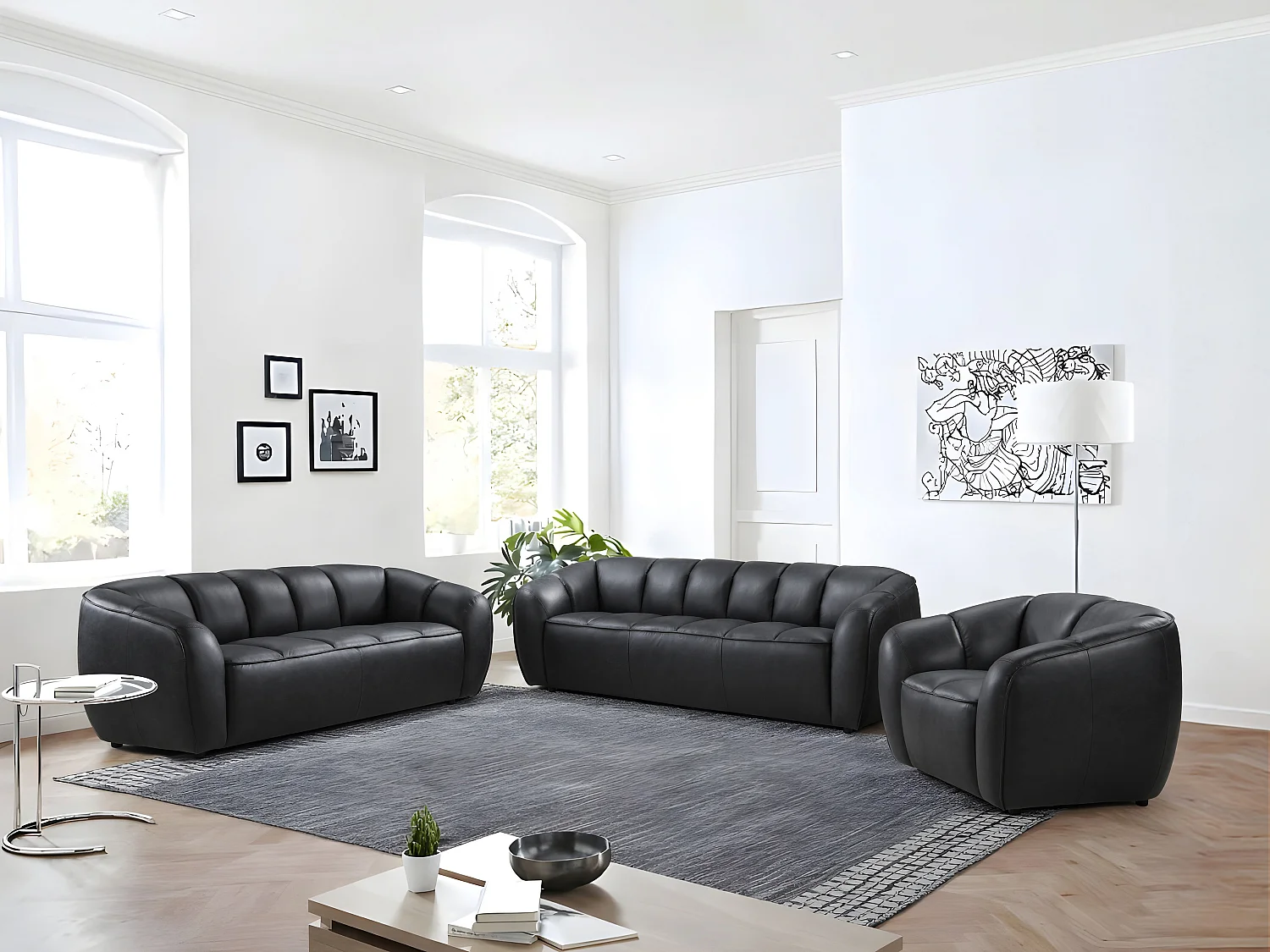 Canapé 3 places, 2 places et un fauteuil en cuir noir PRADONI