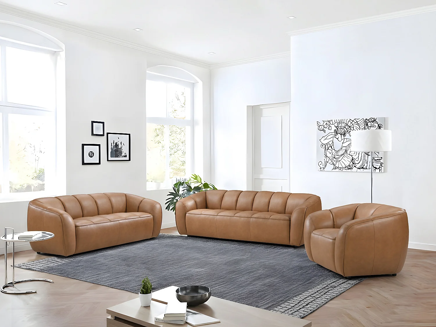 Canapé 3 places, 2 places et un fauteuil en cuir camel PRADONI
