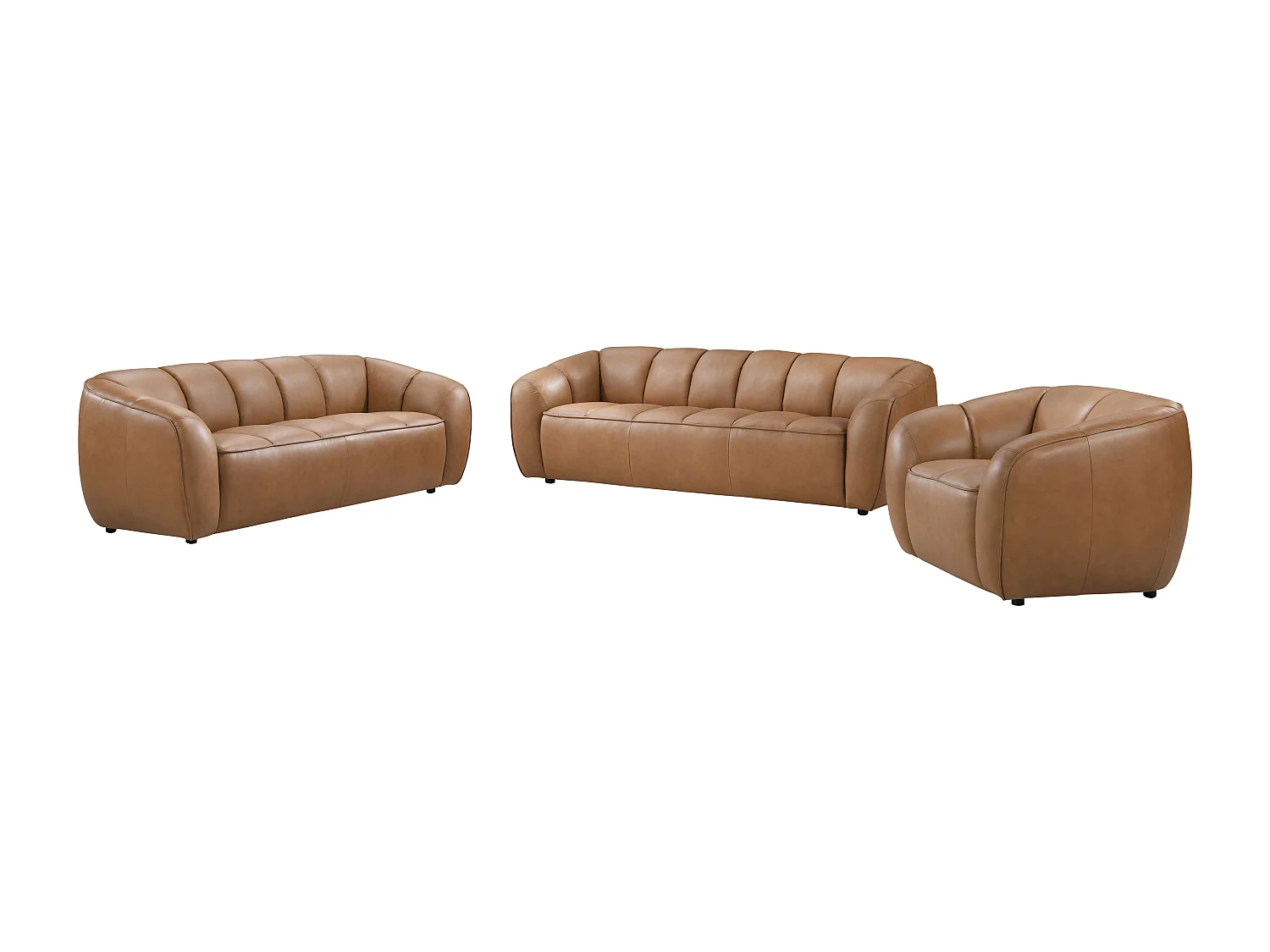 Canapé 3 places, 2 places et un fauteuil en cuir camel PRADONI