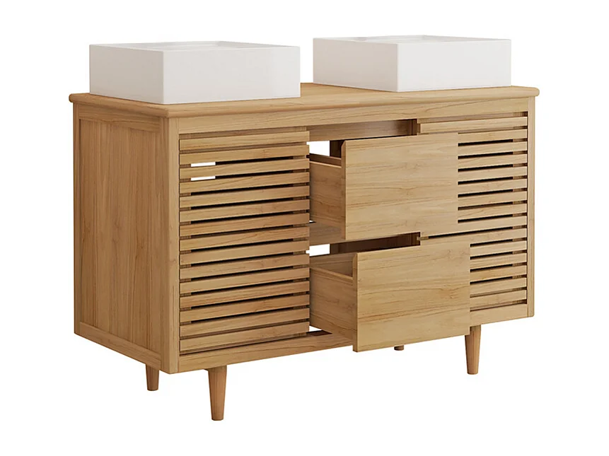 Móvel de casa de banho com pés em teca com lavatório duplo de encastrar quadrado em cerâmica - L120 cm - TORAJA