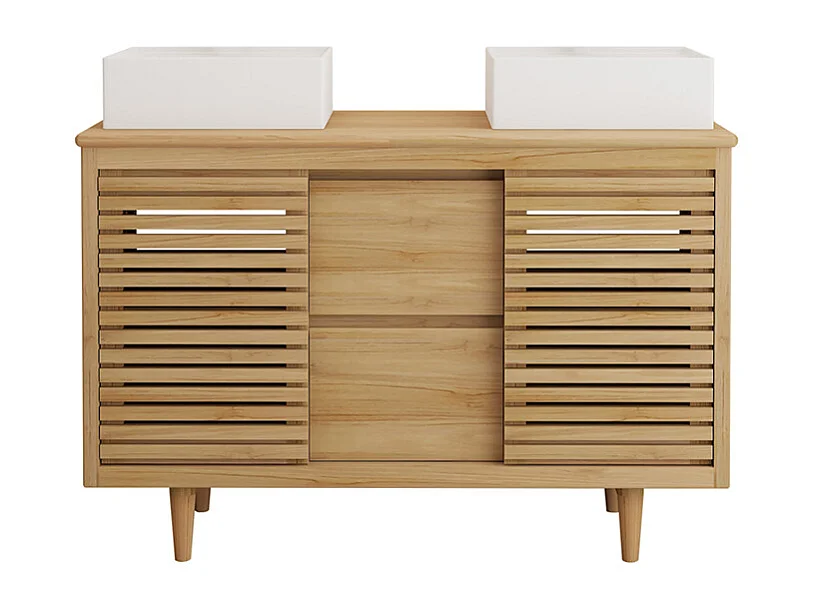 Móvel de casa de banho com pés em teca com lavatório duplo de encastrar quadrado em cerâmica - L120 cm - TORAJA