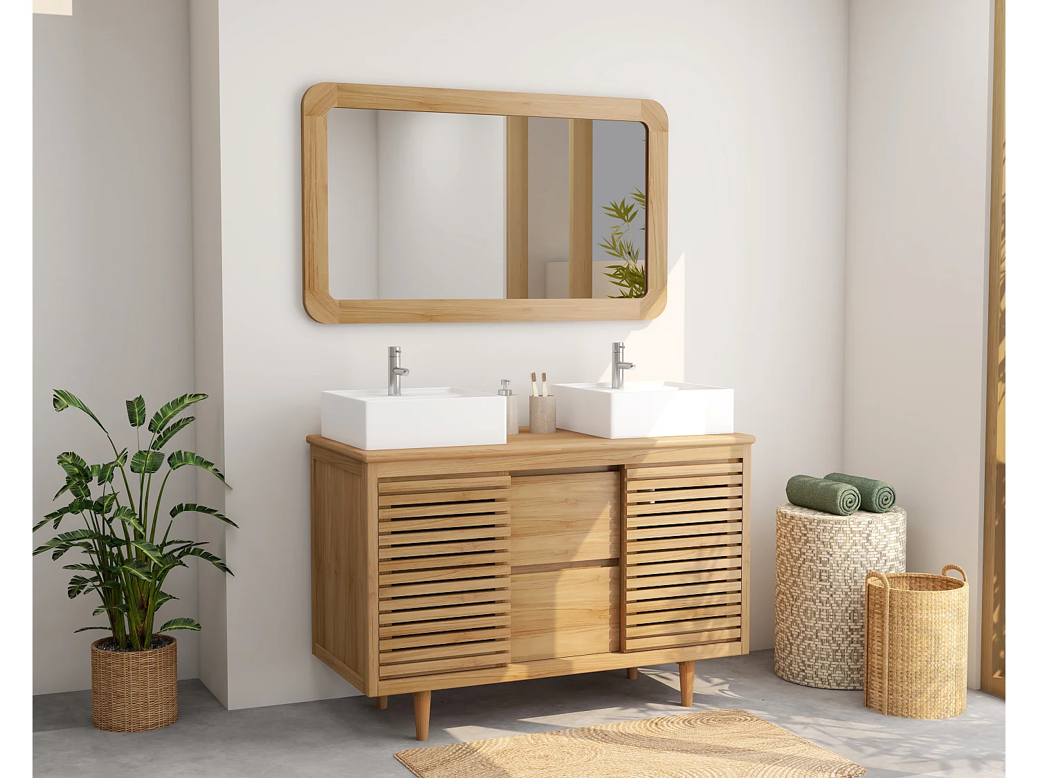 Móvel de casa de banho com pés em teca com lavatório duplo de encastrar quadrado em cerâmica - L120 cm - TORAJA