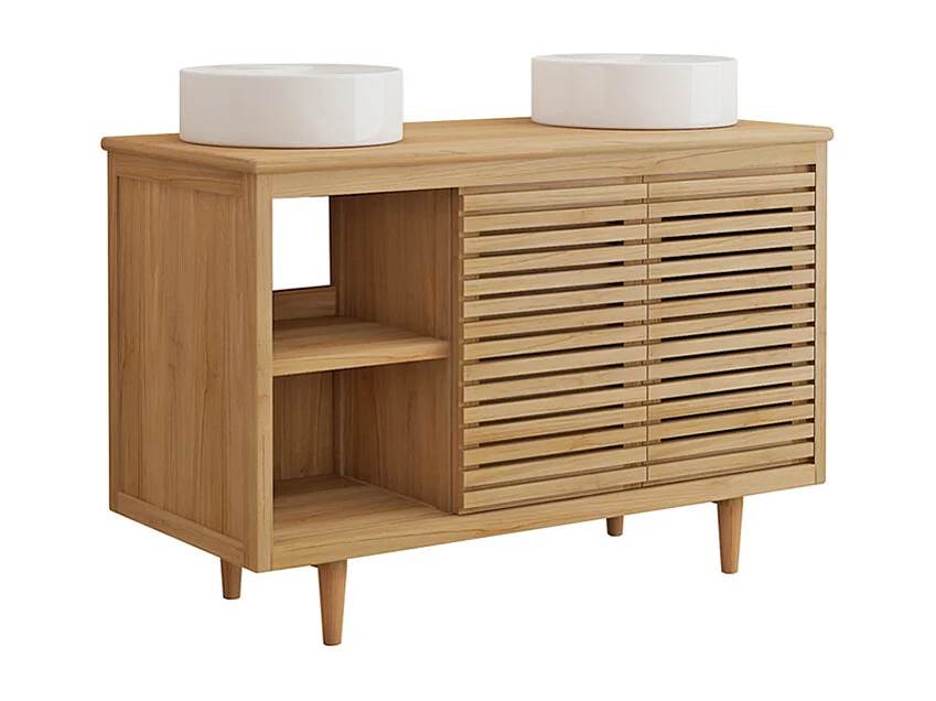 Móvel de casa de banho com pés em teca com lavatório duplo de encastrar redondo em cerâmica - L120 cm - TORAJA