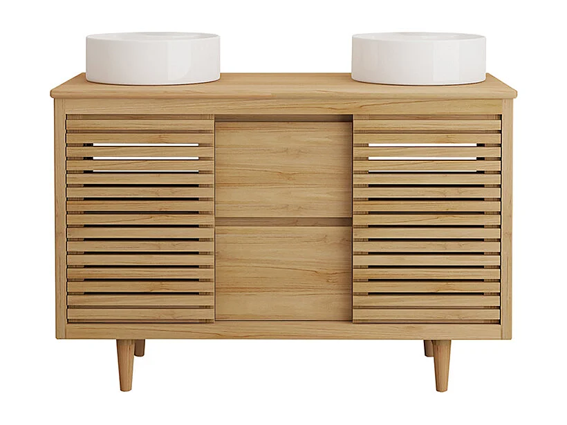 Móvel de casa de banho com pés em teca com lavatório duplo de encastrar redondo em cerâmica - L120 cm - TORAJA