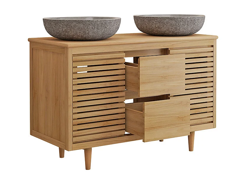 Móvel de casa de banho com pés em teca com lavatório de encastrar redondo em pedra de rio cinzenta - L120 cm - TORAJA