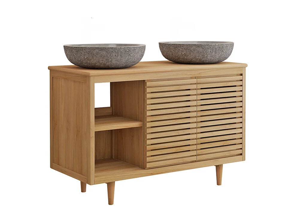 Móvel de casa de banho com pés em teca com lavatório de encastrar redondo em pedra de rio cinzenta - L120 cm - TORAJA