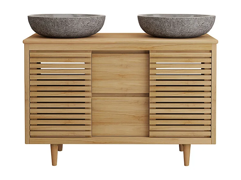 Móvel de casa de banho com pés em teca com lavatório de encastrar redondo em pedra de rio cinzenta - L120 cm - TORAJA