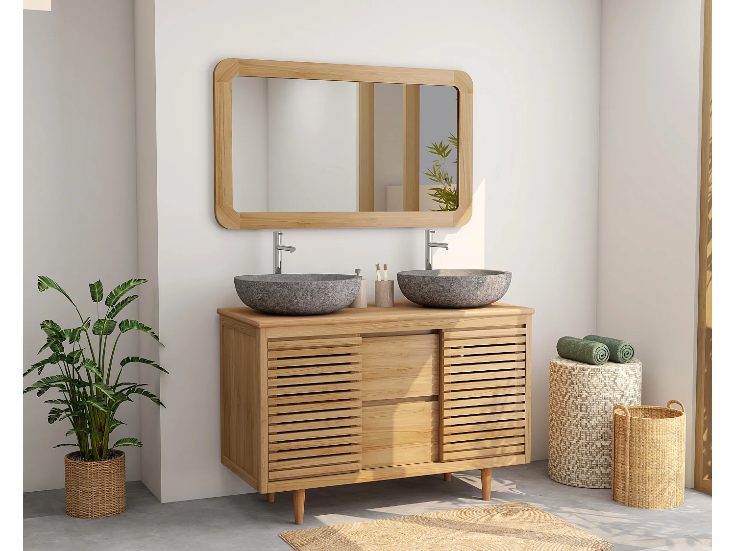 Móvel de casa de banho com pés em teca com lavatório de encastrar redondo em pedra de rio cinzenta - L120 cm - TORAJA