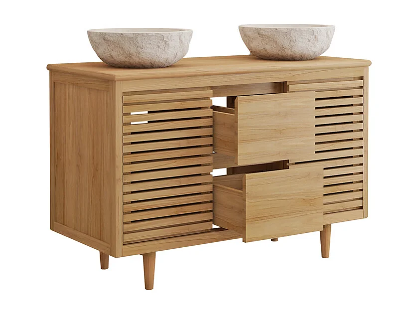 Móvel de casa de banho em teca com lavatório duplo de encastrar redondo em mármore cor creme - L120 cm - TORAJA