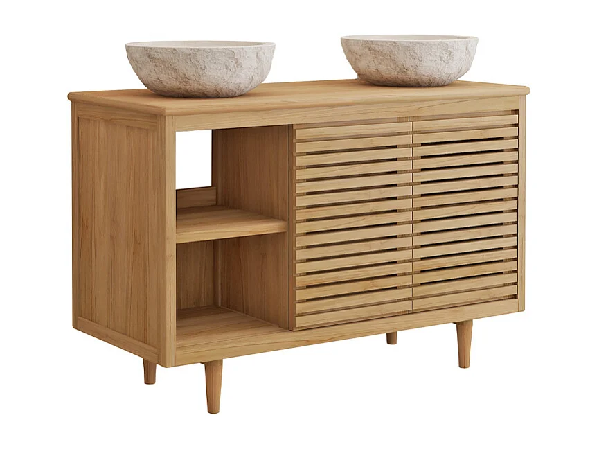 Móvel de casa de banho em teca com lavatório duplo de encastrar redondo em mármore cor creme - L120 cm - TORAJA