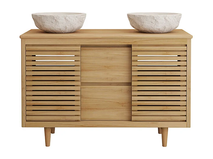 Móvel de casa de banho em teca com lavatório duplo de encastrar redondo em mármore cor creme - L120 cm - TORAJA