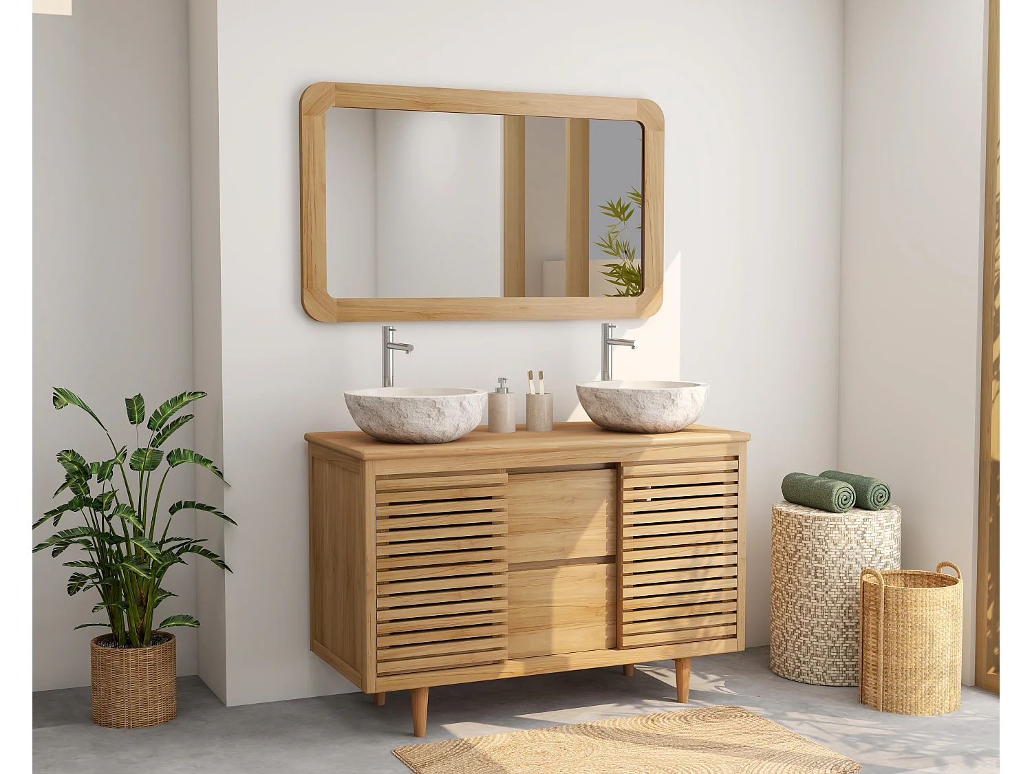 Móvel de casa de banho em teca com lavatório duplo de encastrar redondo em mármore cor creme - L120 cm - TORAJA