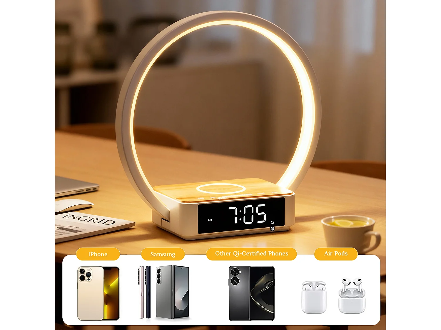 Lampe de bureau LED avec affichage de l'heure et fonction réveil - lumière réglable