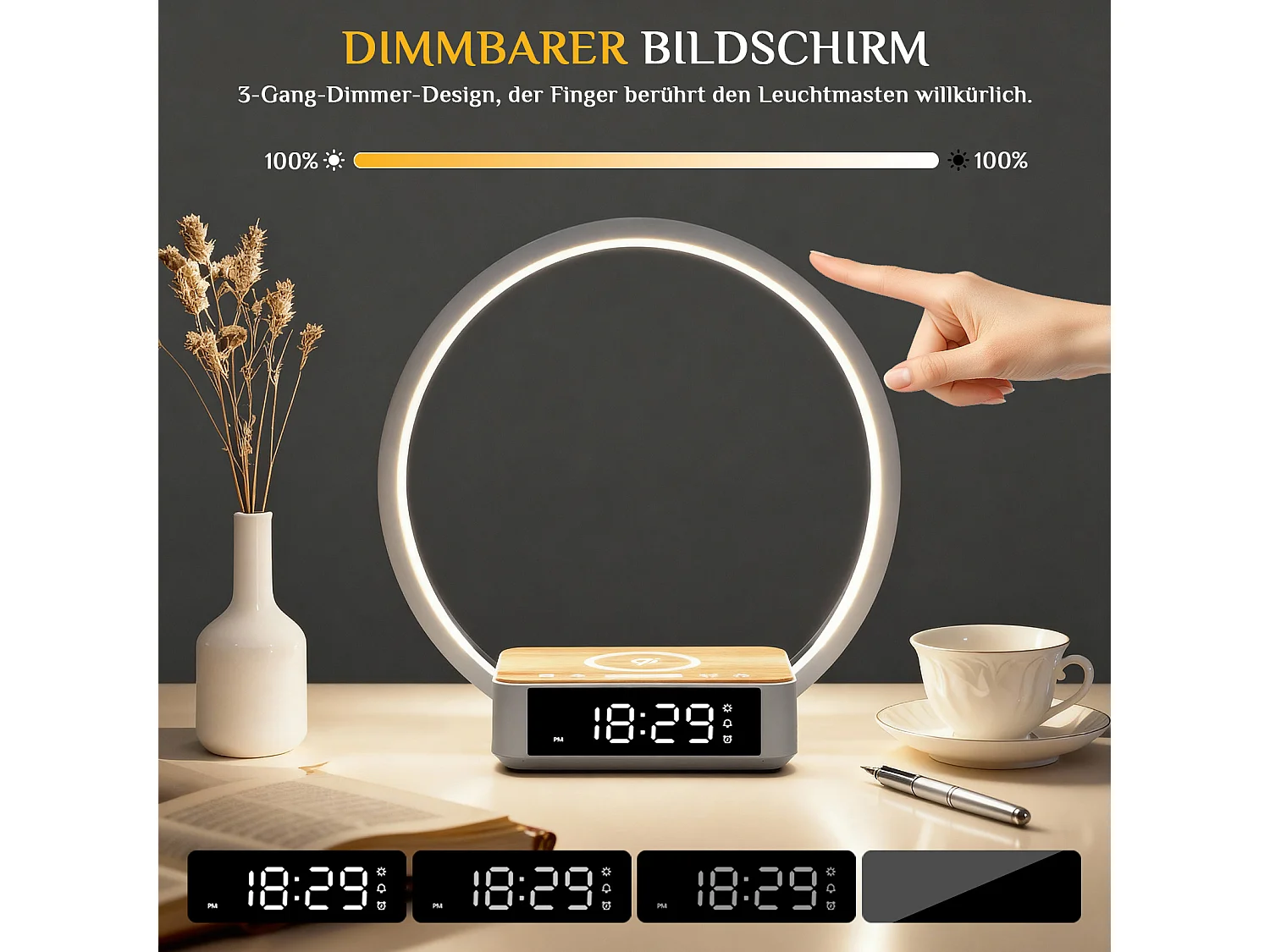 Lampe de bureau LED avec affichage de l'heure et fonction réveil - lumière réglable