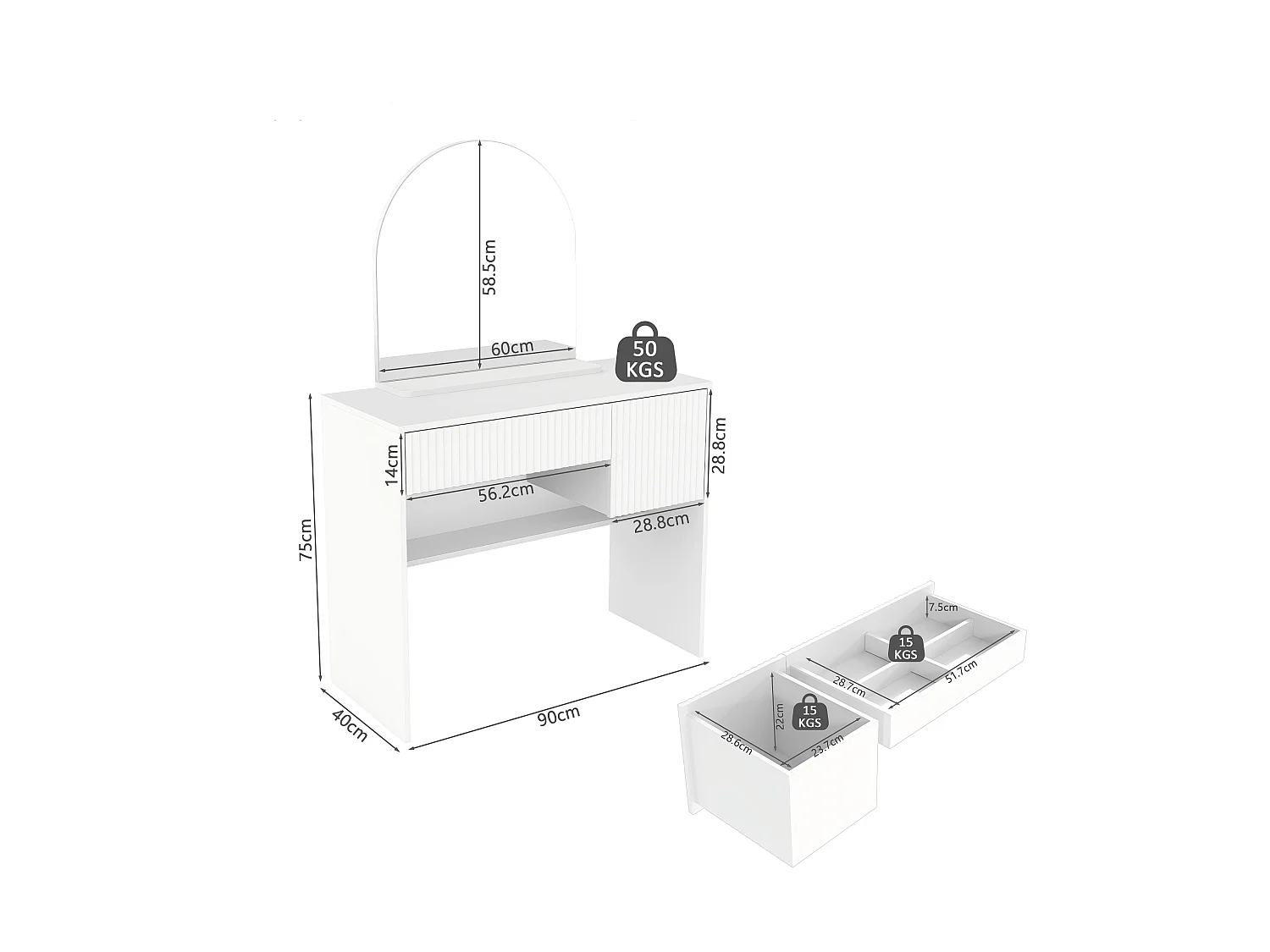 Coiffeuse avec miroir et 2 tiroirs , blanc