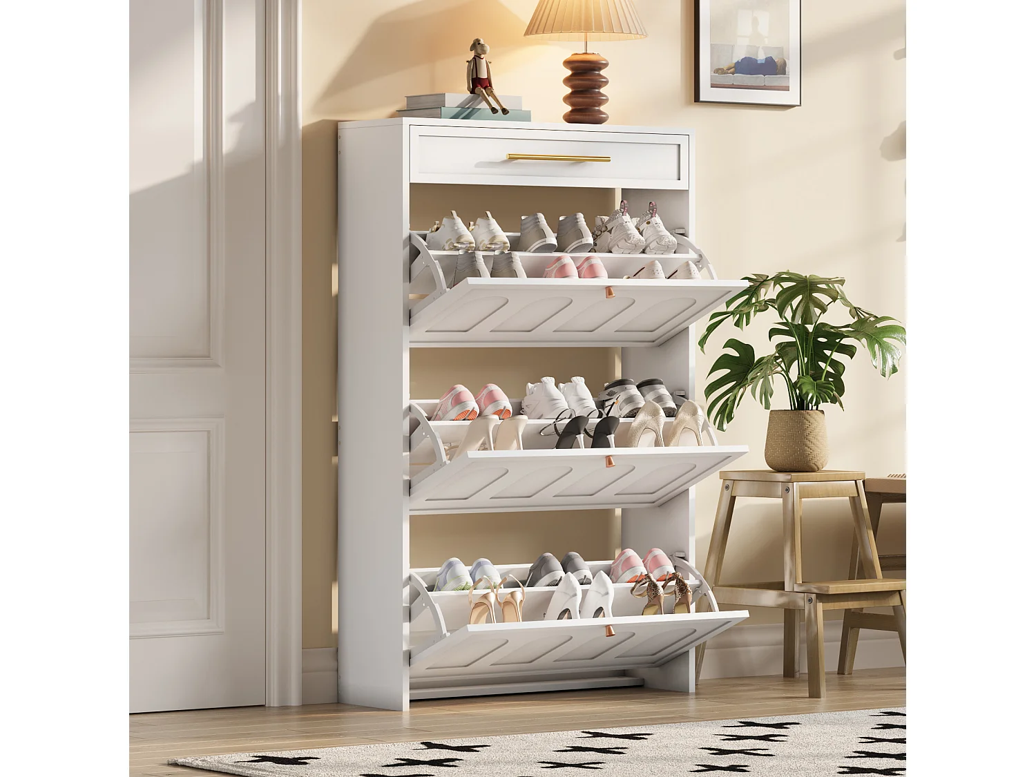 Meuble à chaussures en MDF blanc avec 3 abattants et 1 tiroir