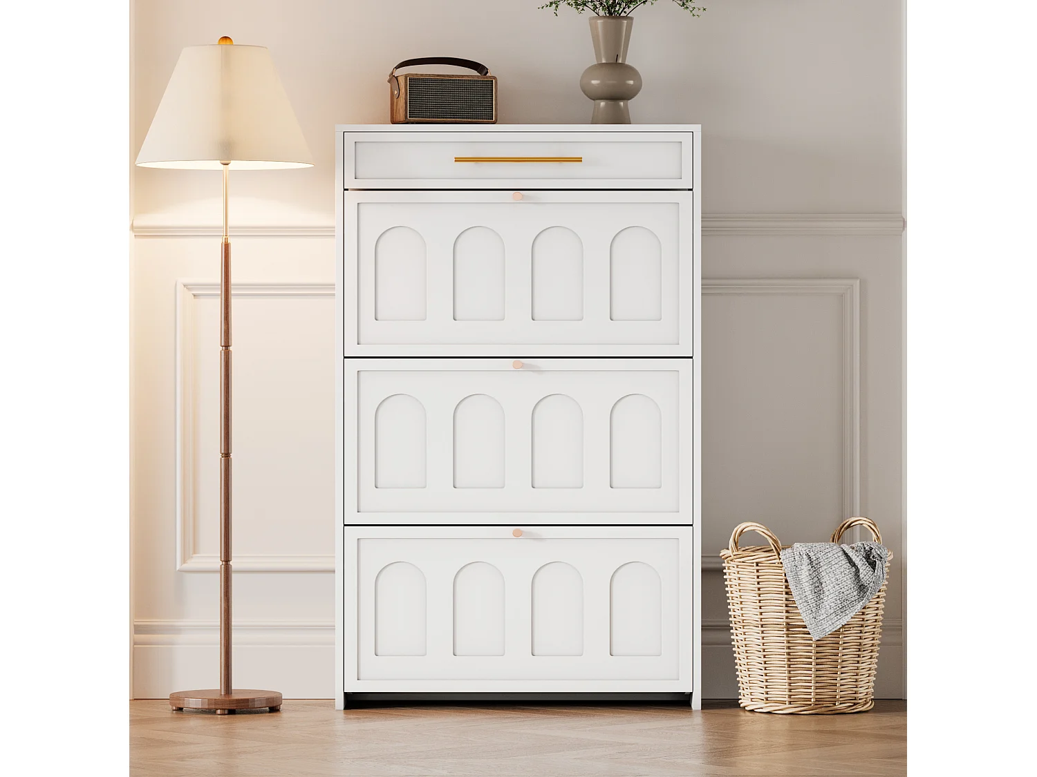 Meuble à chaussures en MDF blanc avec 3 abattants et 1 tiroir