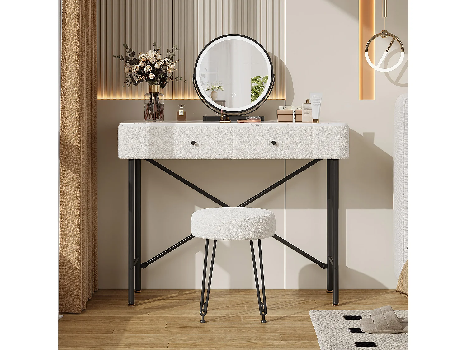 Coiffeuse avec miroir LED et tabouret, 2 tiroirs - Noir et blanc