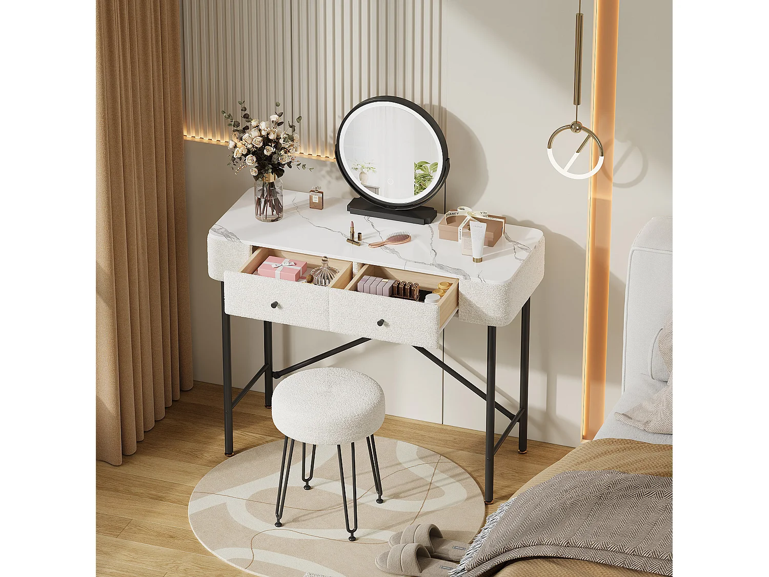 Coiffeuse avec miroir LED et tabouret, 2 tiroirs - Noir et blanc