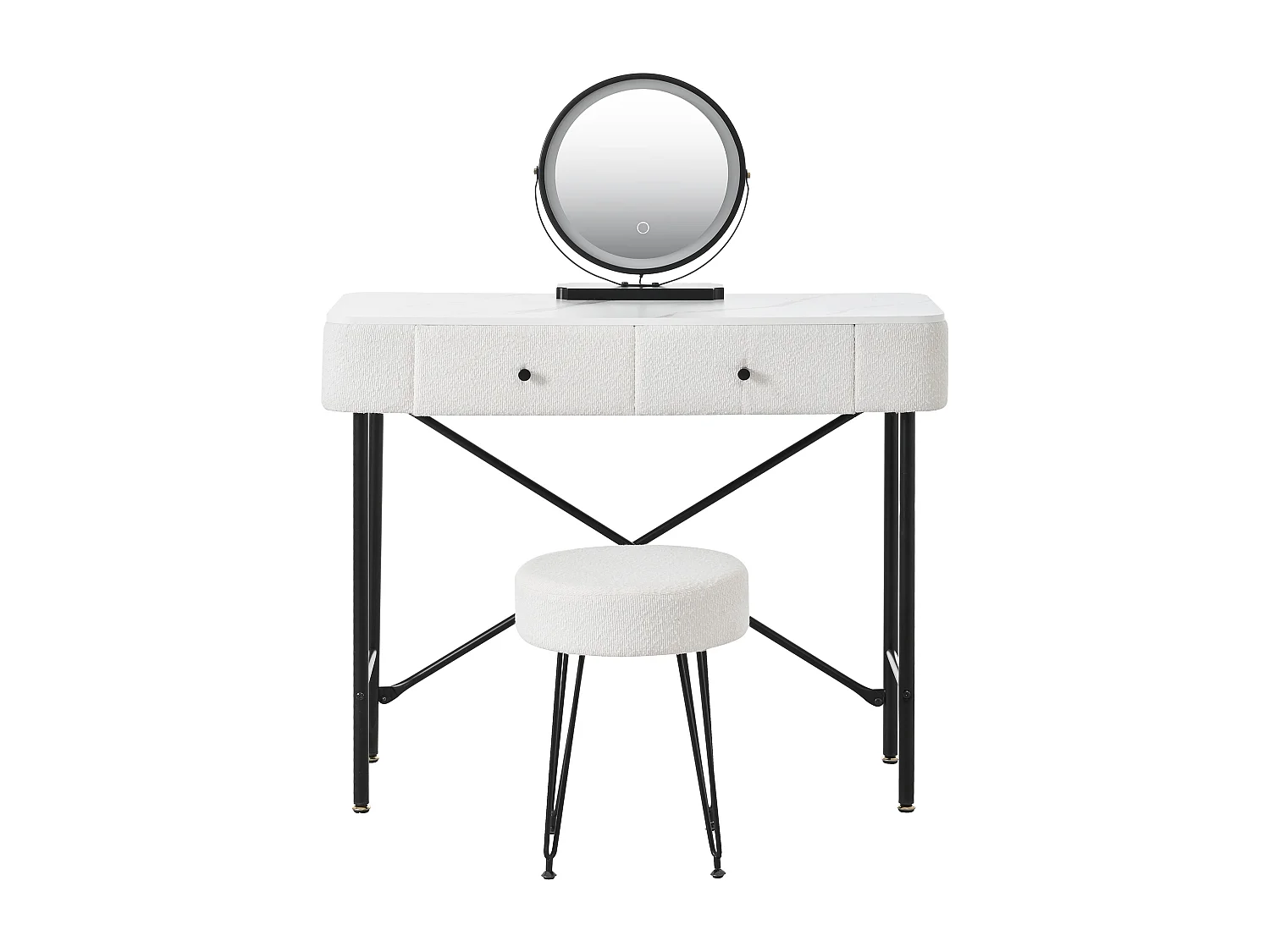 Coiffeuse avec miroir LED et tabouret, 2 tiroirs - Noir et blanc