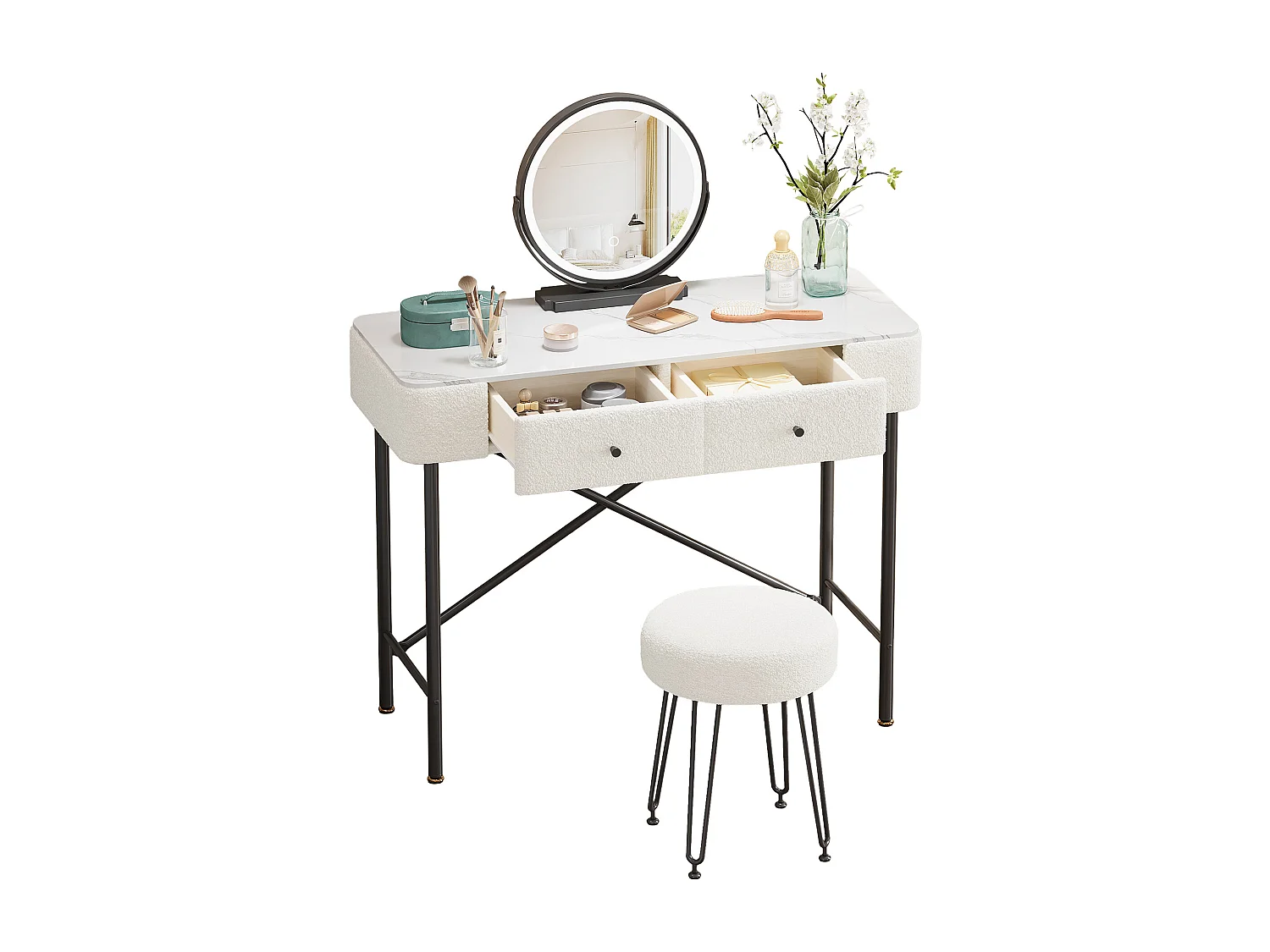 Coiffeuse avec miroir LED et tabouret, 2 tiroirs - Noir et blanc