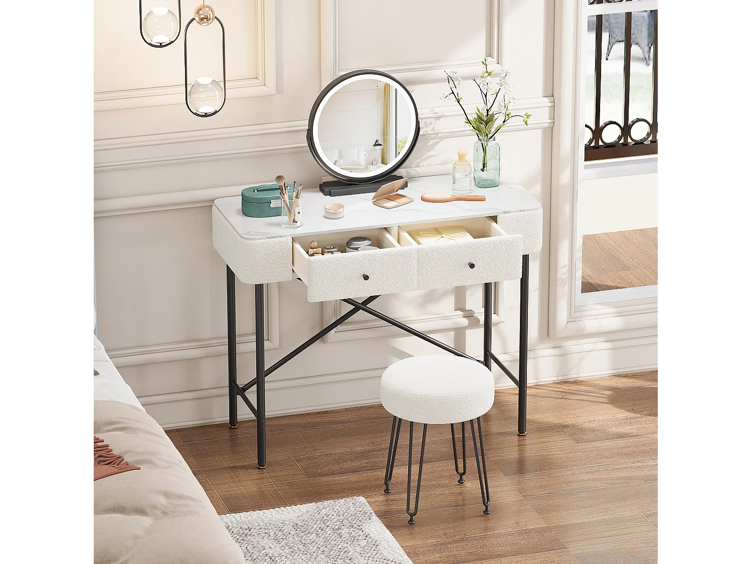 Coiffeuse avec miroir LED et tabouret, 2 tiroirs - Noir et blanc