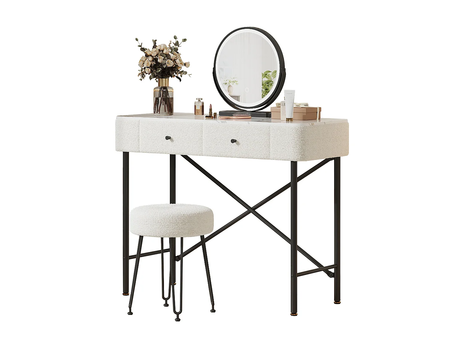 Coiffeuse avec miroir LED et tabouret, 2 tiroirs - Noir et blanc