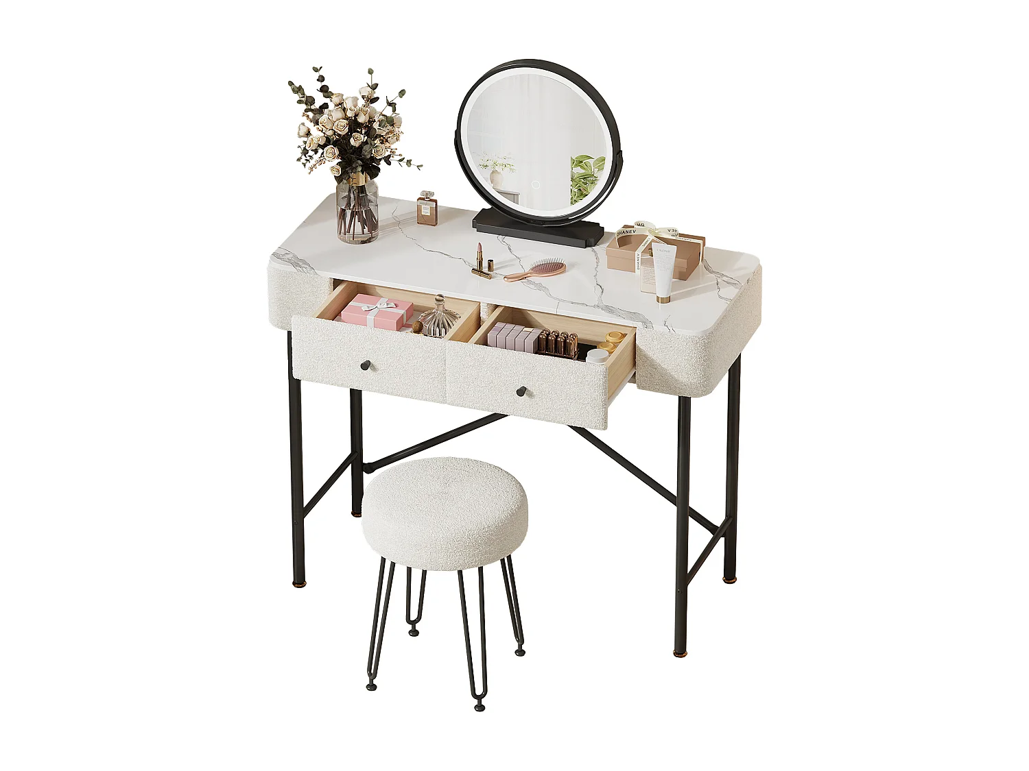 Coiffeuse avec miroir LED et tabouret, 2 tiroirs - Noir et blanc