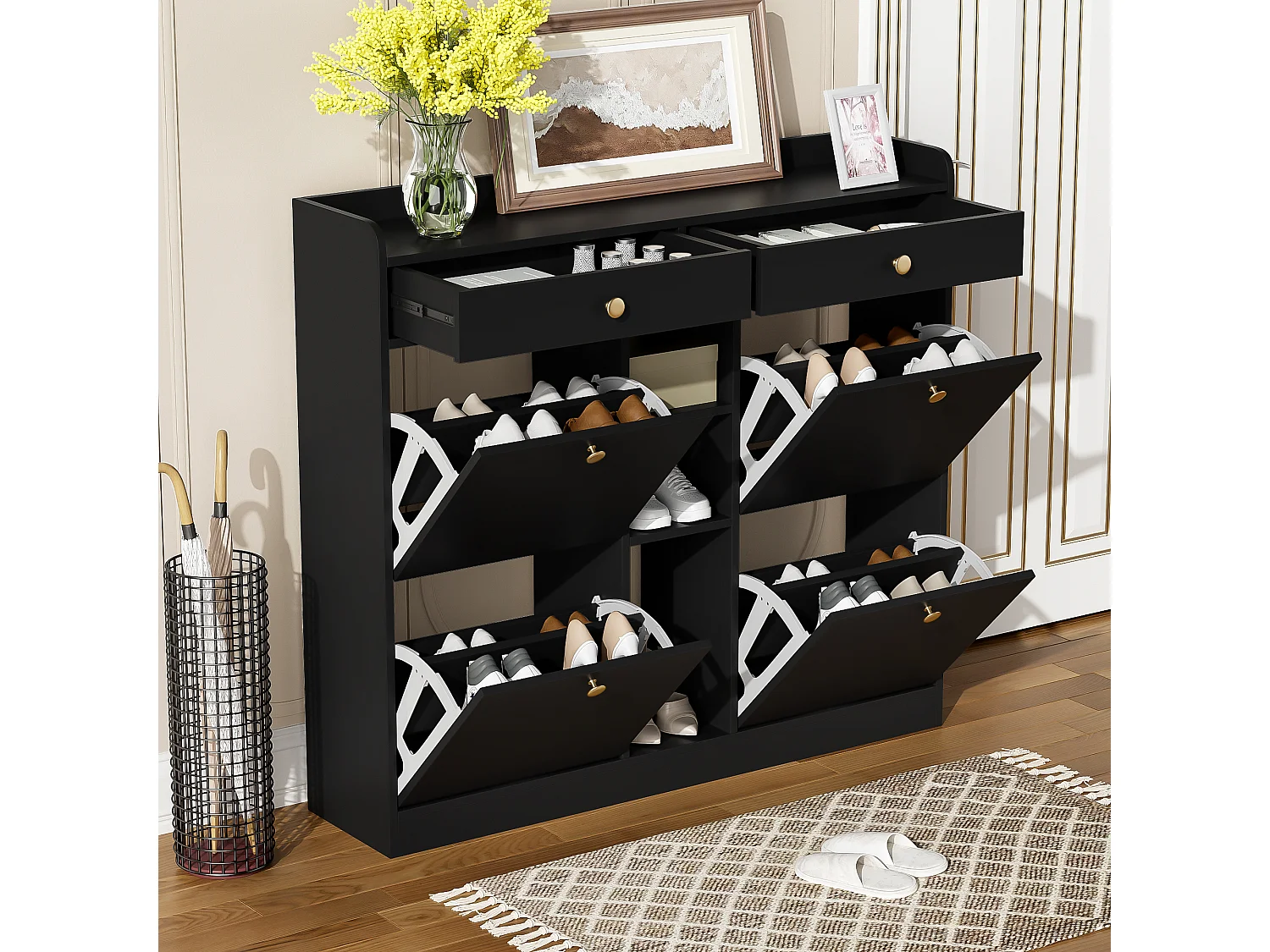 Meuble à chaussures avec 4 portes abattantes, 2 tiroirs et 3 niches - Noir