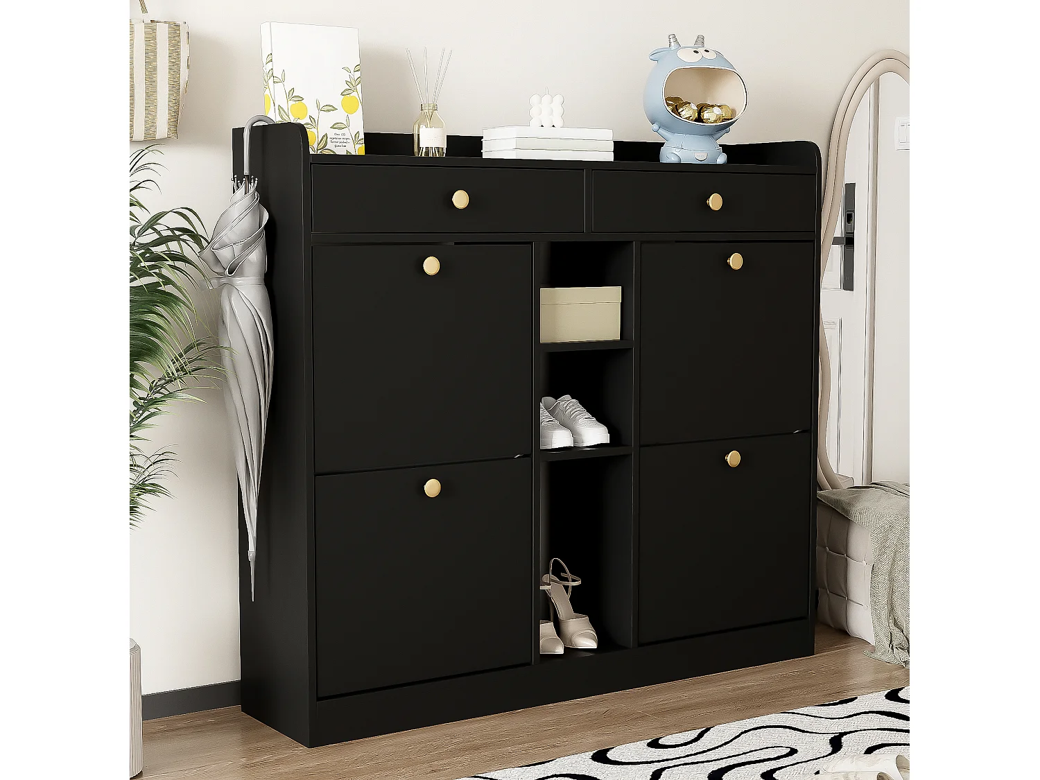 Meuble à chaussures avec 4 portes abattantes, 2 tiroirs et 3 niches - Noir