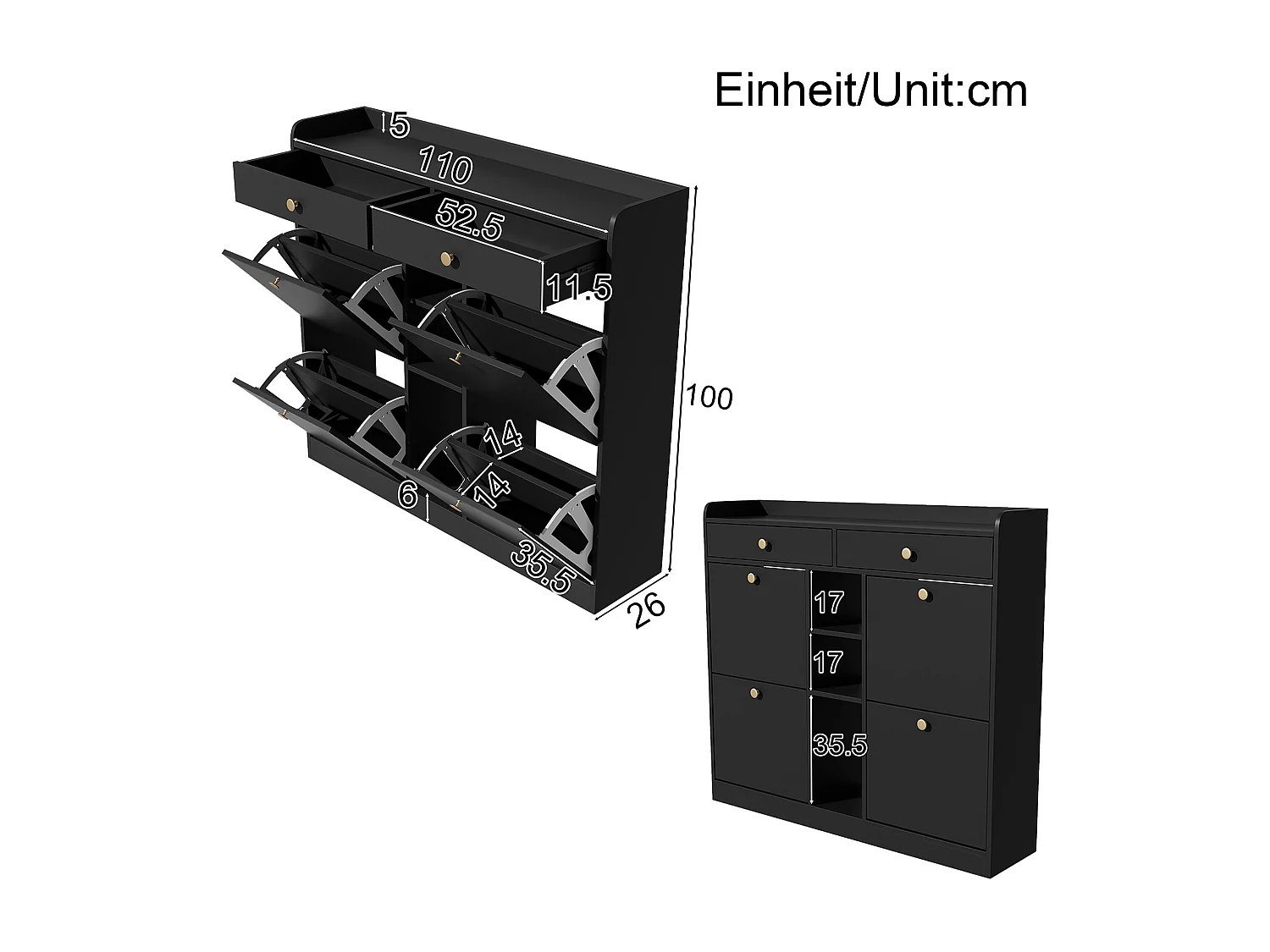 Meuble à chaussures avec 4 portes abattantes, 2 tiroirs et 3 niches - Noir