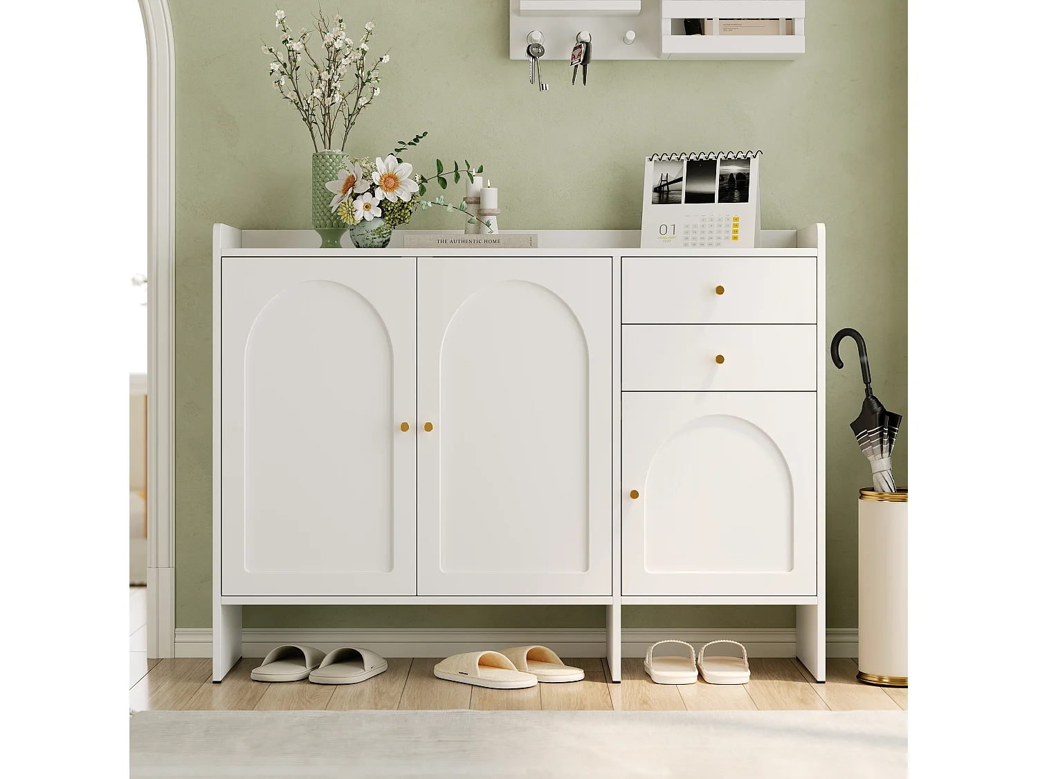 Meuble à chaussures avec 3 portes et 2 tiroirs – Blanc 120 x 35 x 90 cm