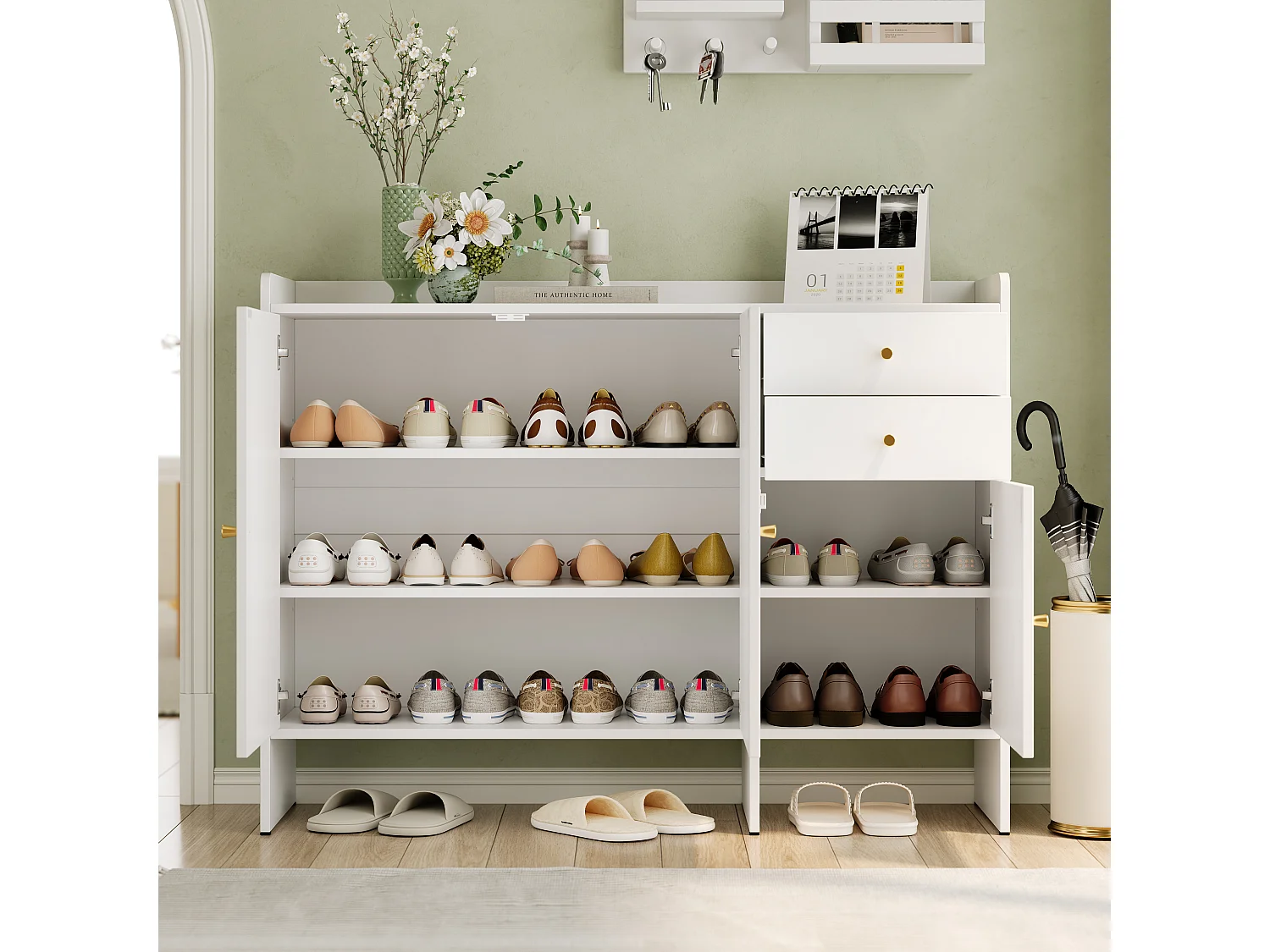 Meuble à chaussures avec 3 portes et 2 tiroirs – Blanc 120 x 35 x 90 cm