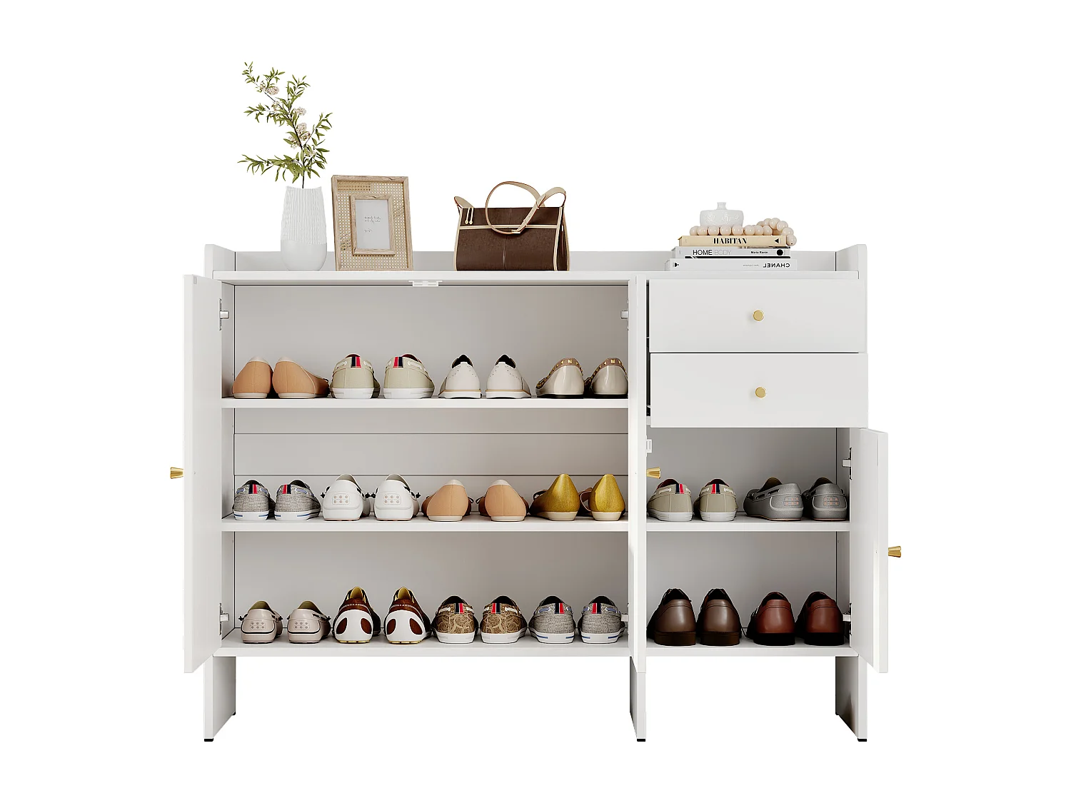 Meuble à chaussures avec 3 portes et 2 tiroirs – Blanc 120 x 35 x 90 cm