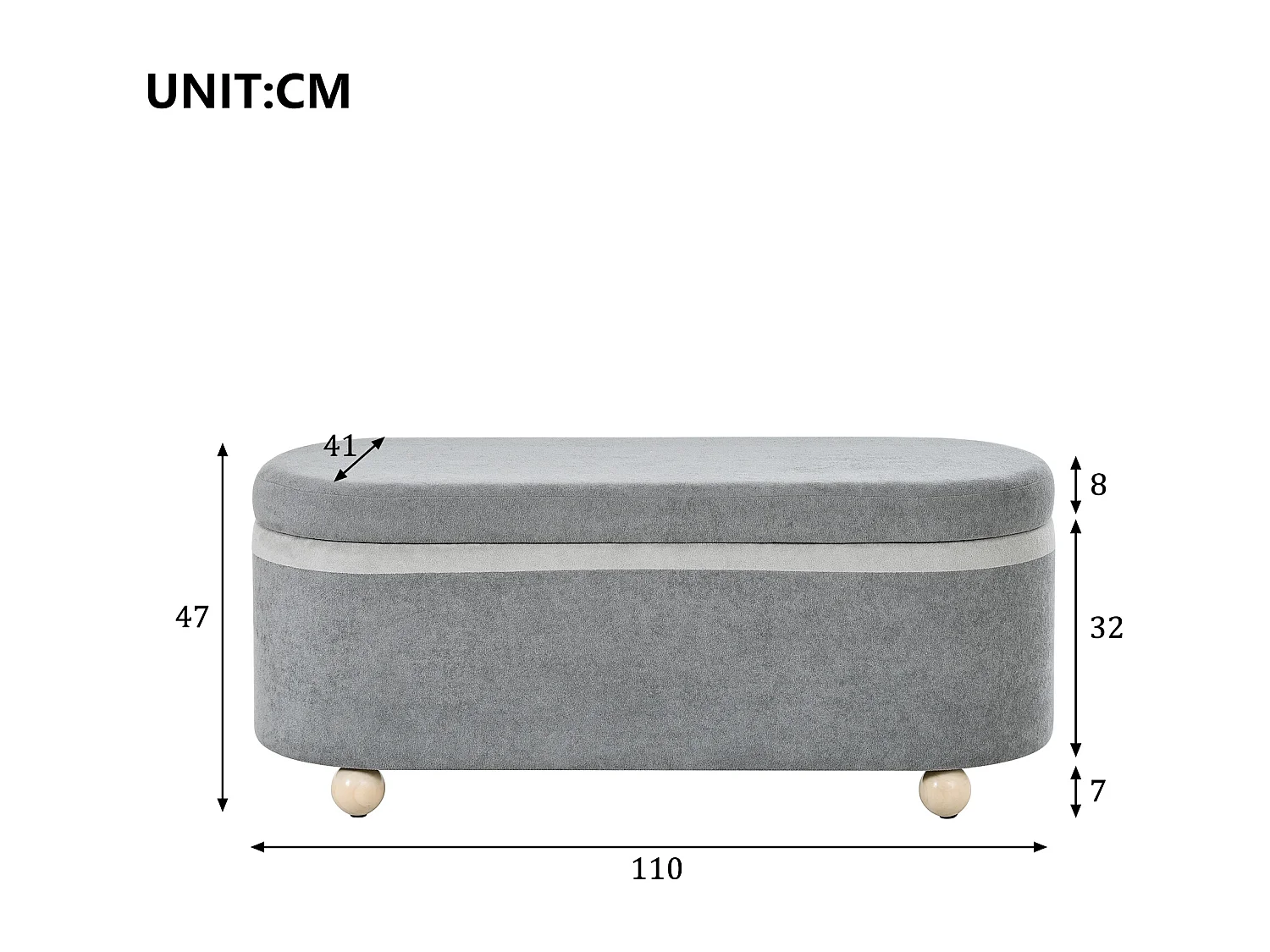 Bedbank met opbergruimte in grijze stof, 110x41x47 cm