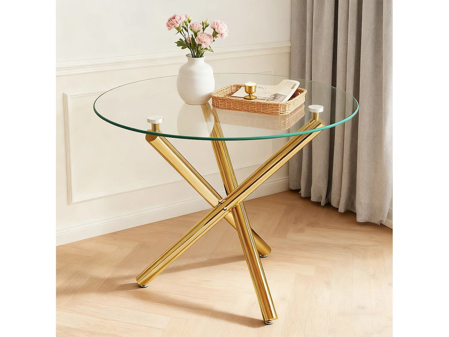 Table à manger ronde 80 × 80 cm avec plateau en verre trempé et pieds dorés