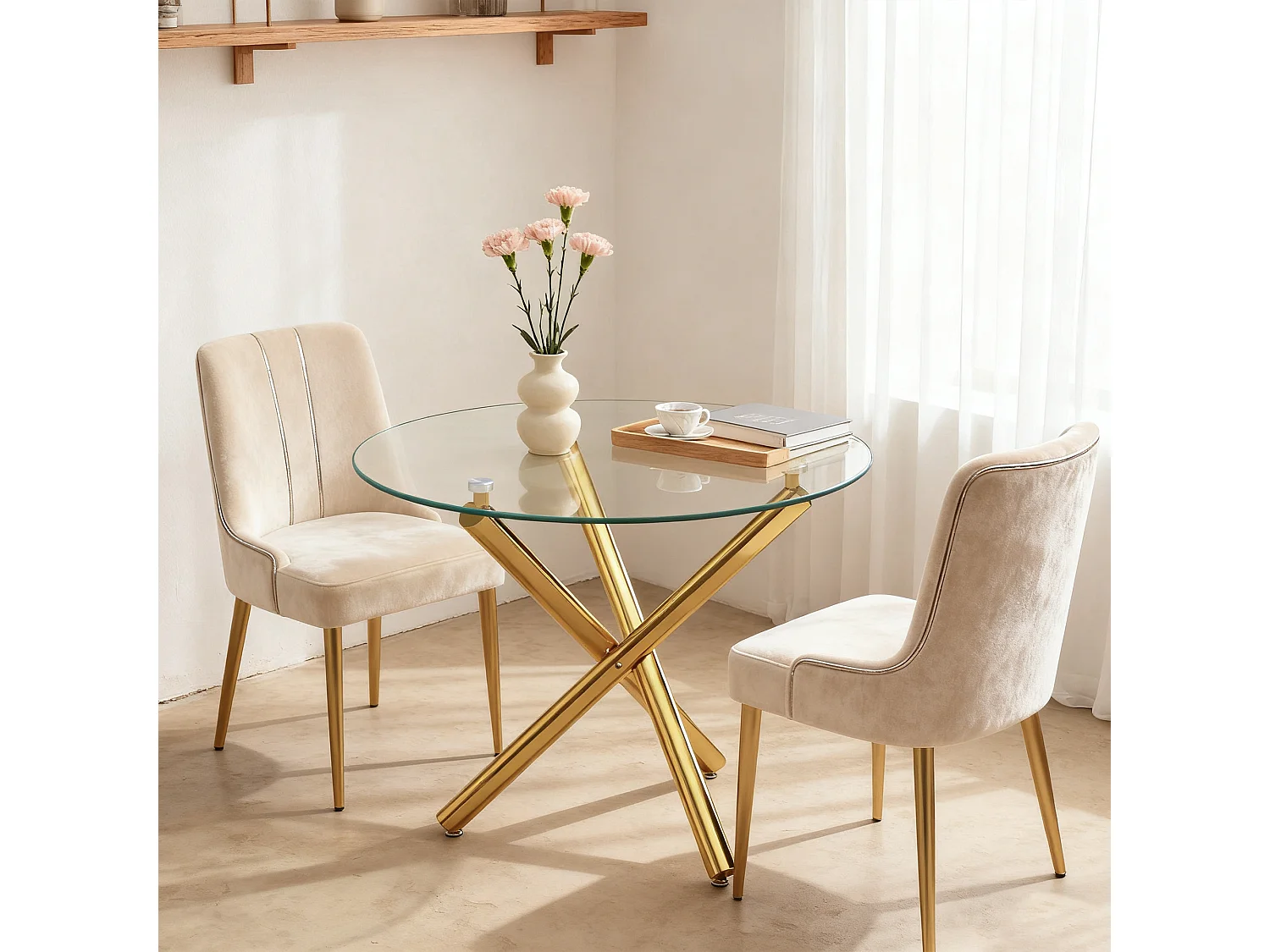 Table à manger ronde 80 × 80 cm avec plateau en verre trempé et pieds dorés