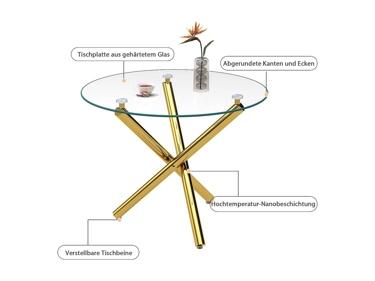 Table à manger ronde 80 × 80 cm avec plateau en verre trempé et pieds dorés