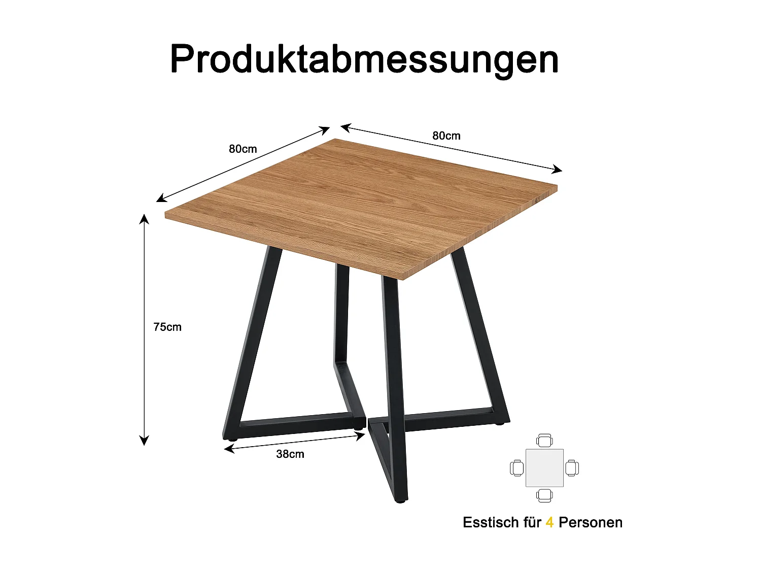 Table à manger carrée 80 cm pour 4 personnes avec pieds en métal -Couleur bois et noir