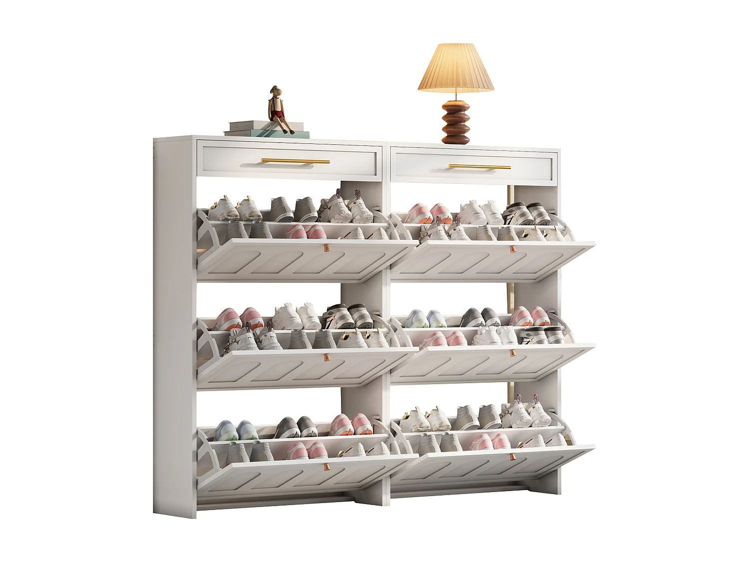 Meuble à chaussures 2 pièces en MDF blanc - Avec 6 abattants et 2 tiroirs