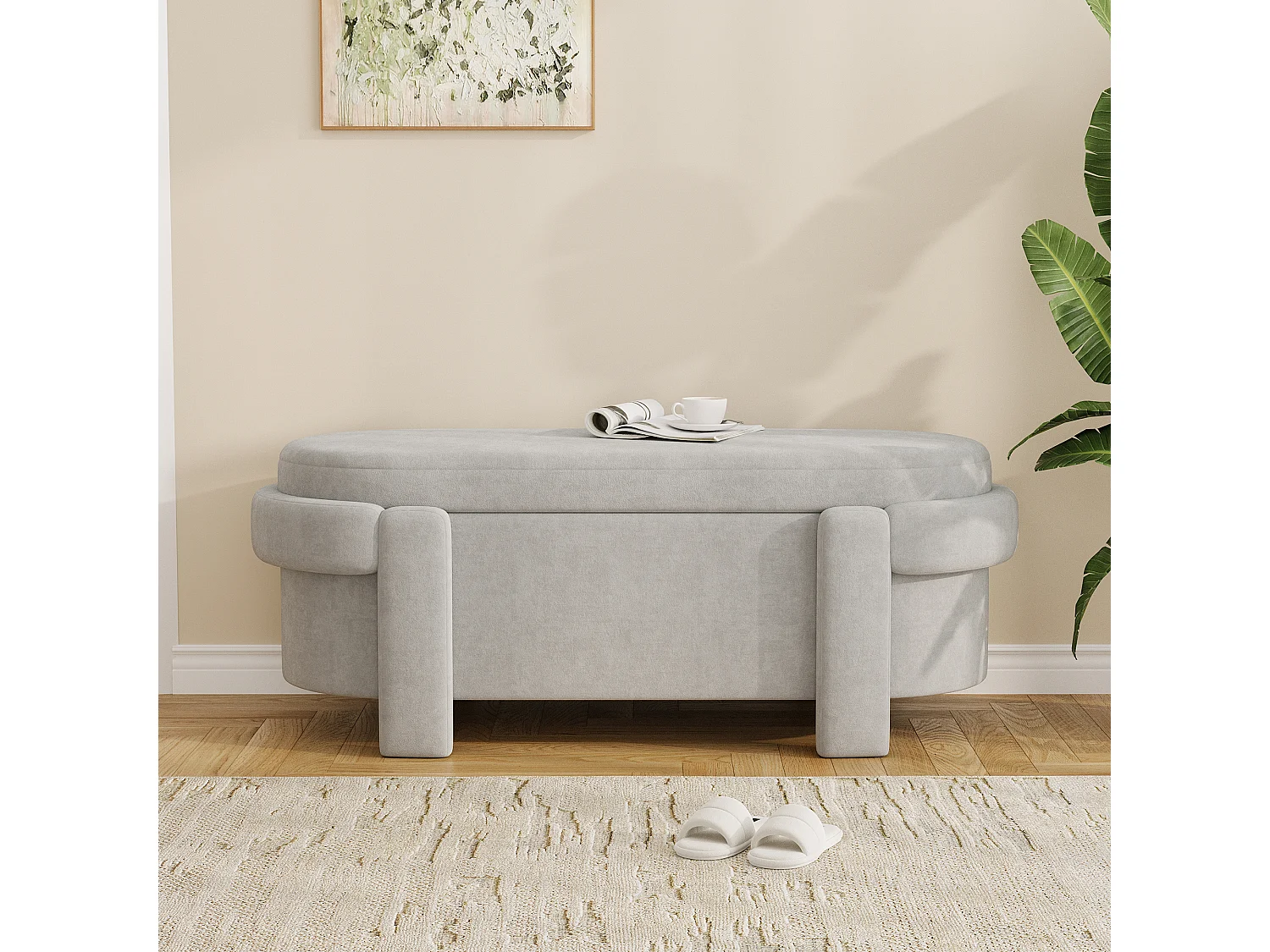 Bedbank met deksel en opbergruimte - Grijze stof 121,5 x 49 x 44,5 cm