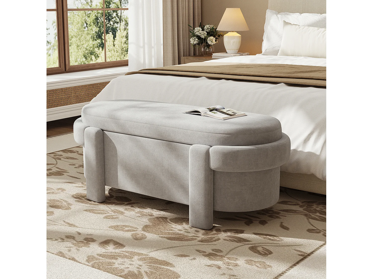 Bedbank met deksel en opbergruimte - Grijze stof 121,5 x 49 x 44,5 cm