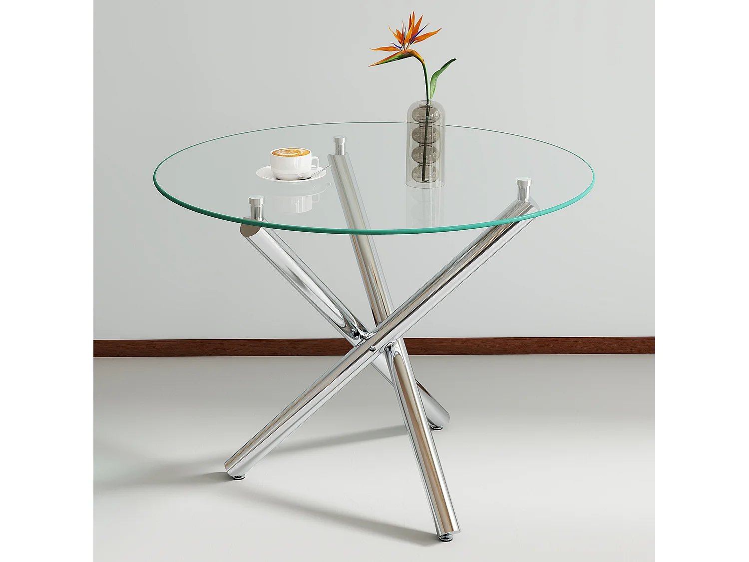 Table à manger ronde 80 × 80 cm avec plateau en verre trempé et pieds argenté