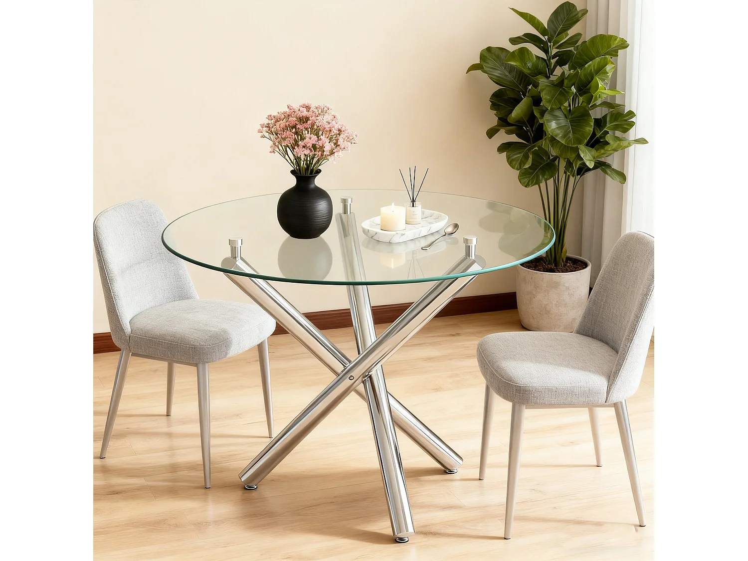 Table à manger ronde 80 × 80 cm avec plateau en verre trempé et pieds argenté