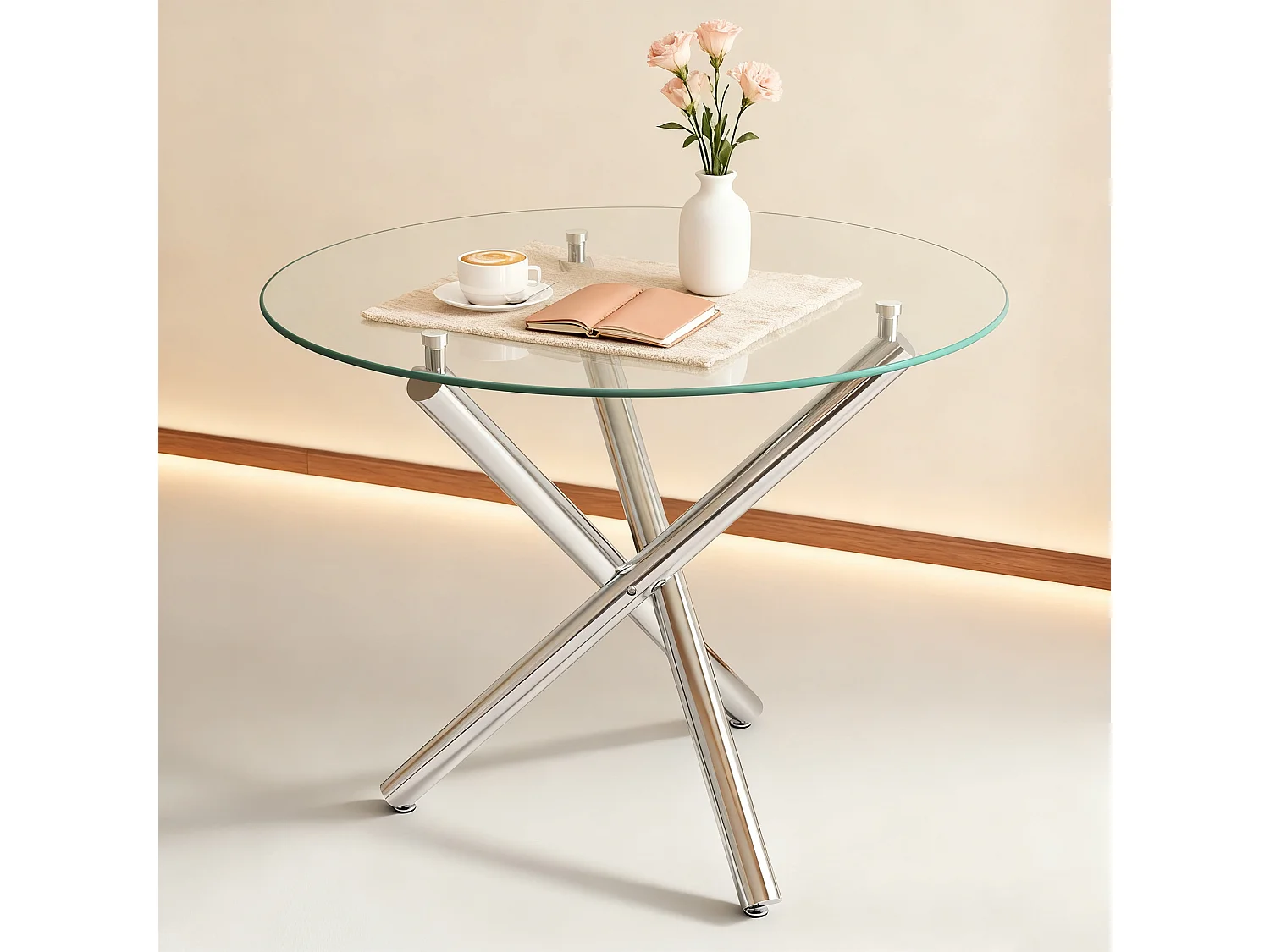 Table à manger ronde 80 × 80 cm avec plateau en verre trempé et pieds argenté