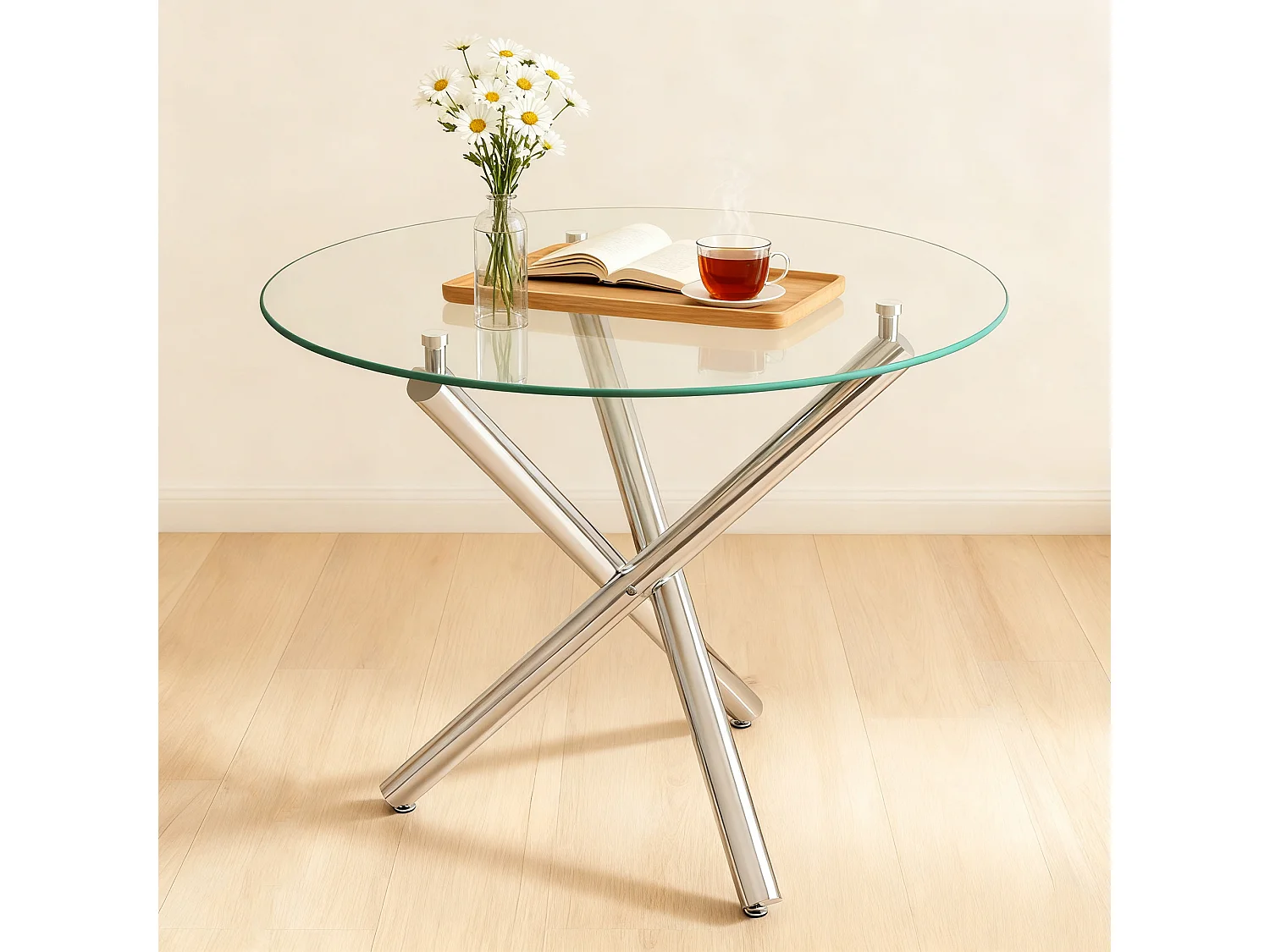 Table à manger ronde 80 × 80 cm avec plateau en verre trempé et pieds argenté