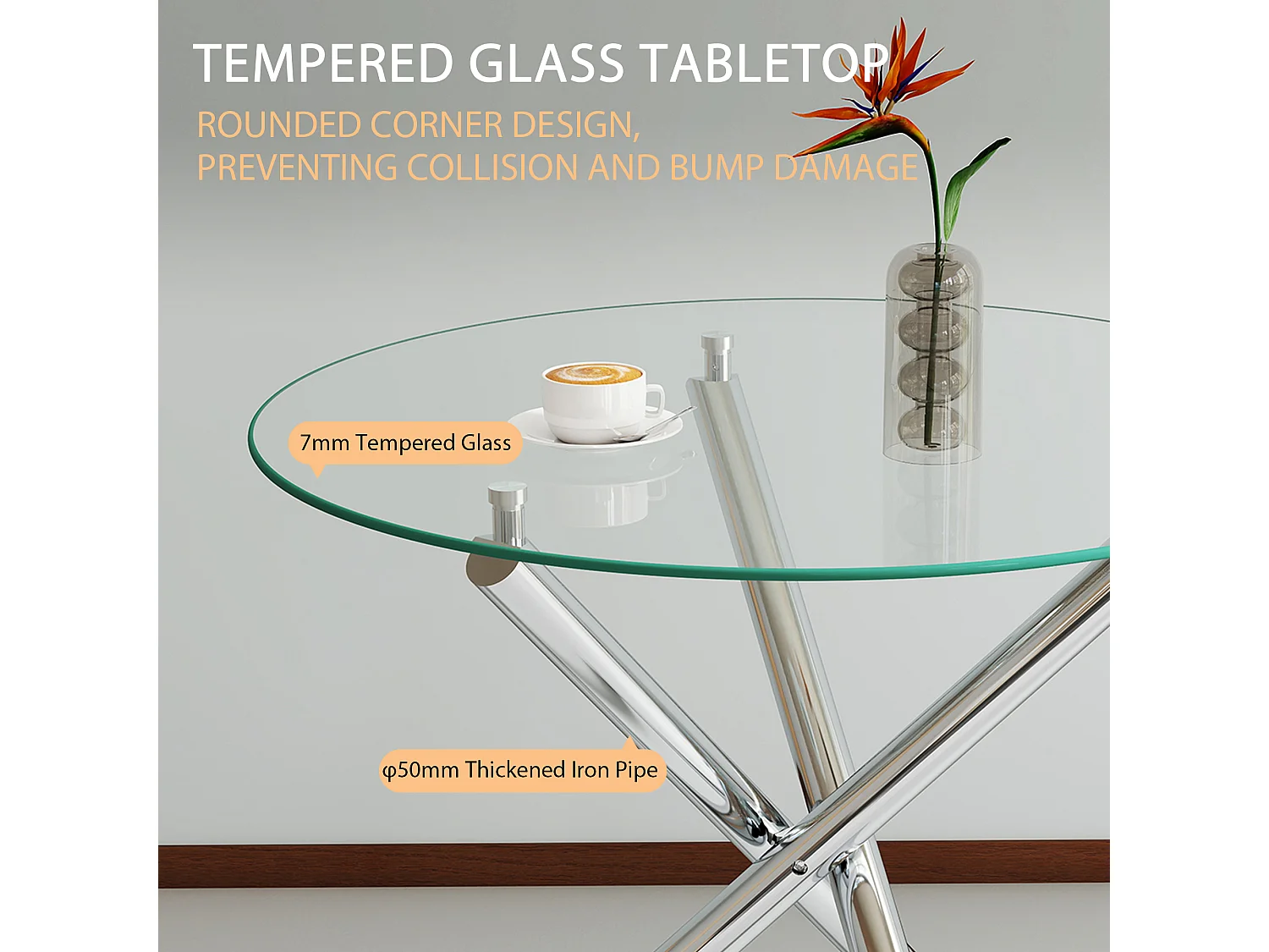 Table à manger ronde 80 × 80 cm avec plateau en verre trempé et pieds argenté