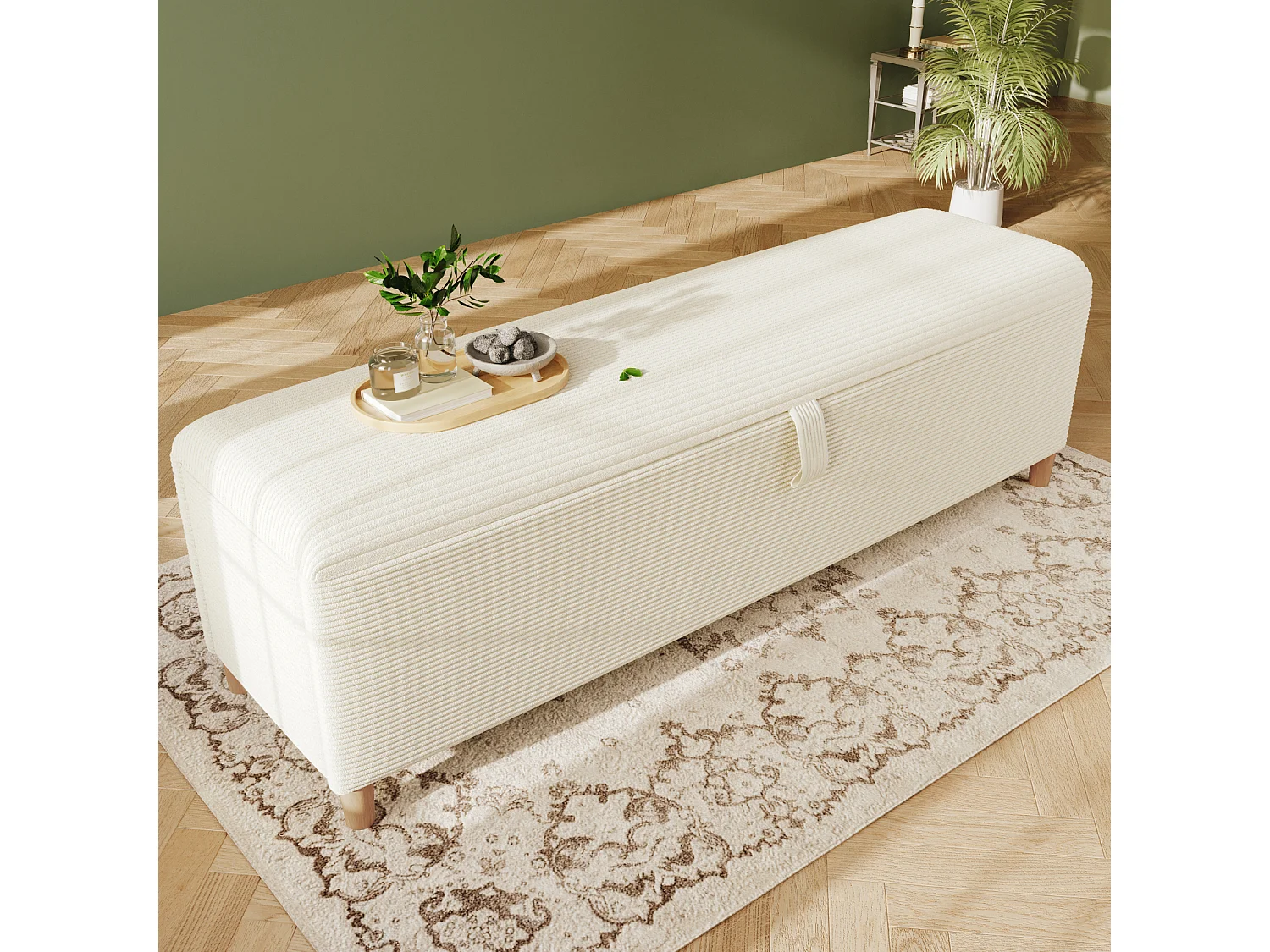 Banc coffre de rangement en velours côtelé beige 175x38x46 cm